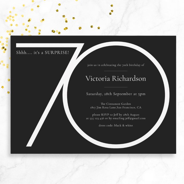 Invitación Sorpresa Minimalista blanca negra 70 cumpleaños (Mockup View)