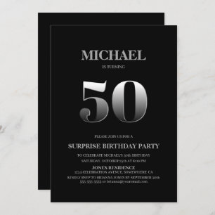 Invitación Sorpresa minimalista de color negro y plata 50 cum