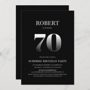 Invitación Sorpresa minimalista de color negro y plata en 70 