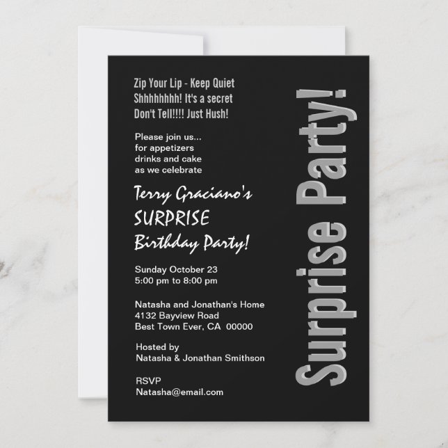 Invitación SORPRESA moderna Cumpleaños negro plateado blanco (Anverso)