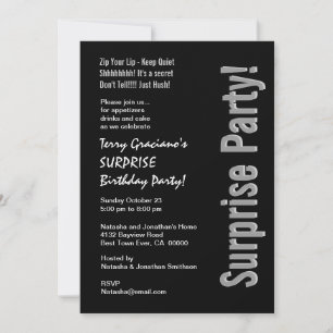 Invitación SORPRESA moderna Cumpleaños negro plateado blanco