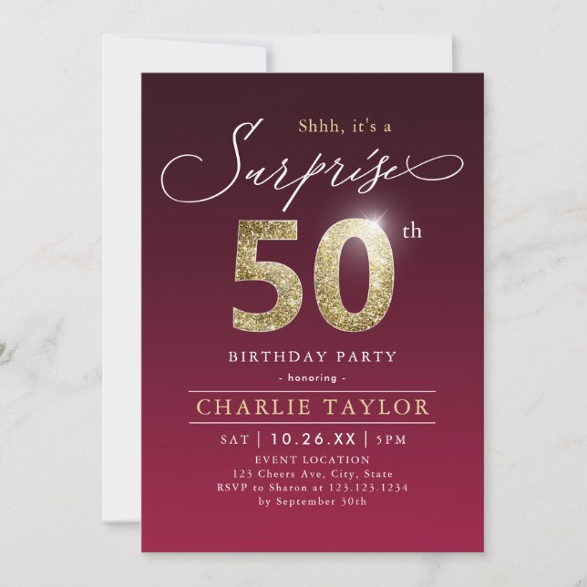 Invitación Sorpresa moderna de adultos de oro burdeos 50 años (Anverso)