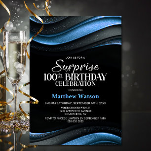 Invitación Sorpresa Moderna de Cumpleaños 100 Negro y Azul