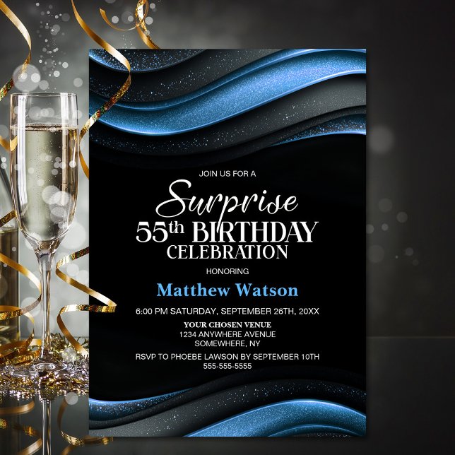 Invitación Sorpresa moderna de cumpleaños 55 negro y azul (Subido por el creador)