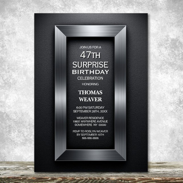 Invitación Sorpresa moderna de cumpleaños de negro y plata pa (Subido por el creador)