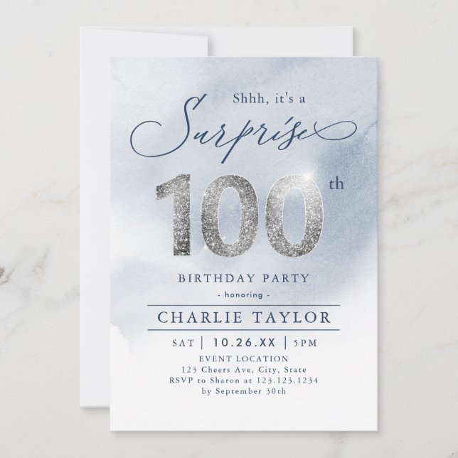 Invitación Sorpresa moderna para adultos de plata 100 años (Anverso)