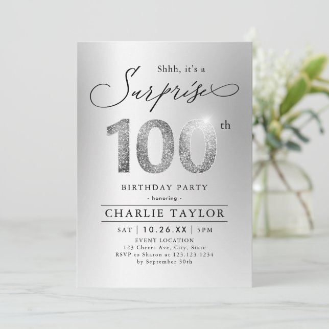 Invitación Sorpresa moderna para adultos de plata 100 años (Anverso de pie)