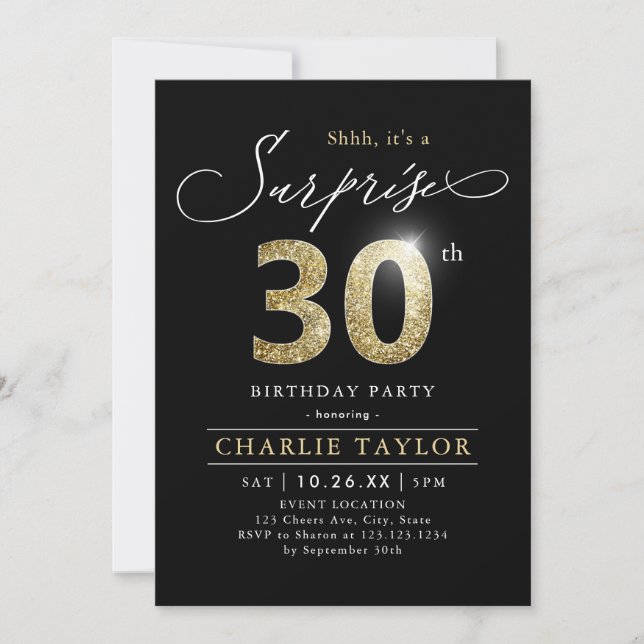 Invitación Sorpresa moderna para adultos negros y dorados 30  (Anverso)
