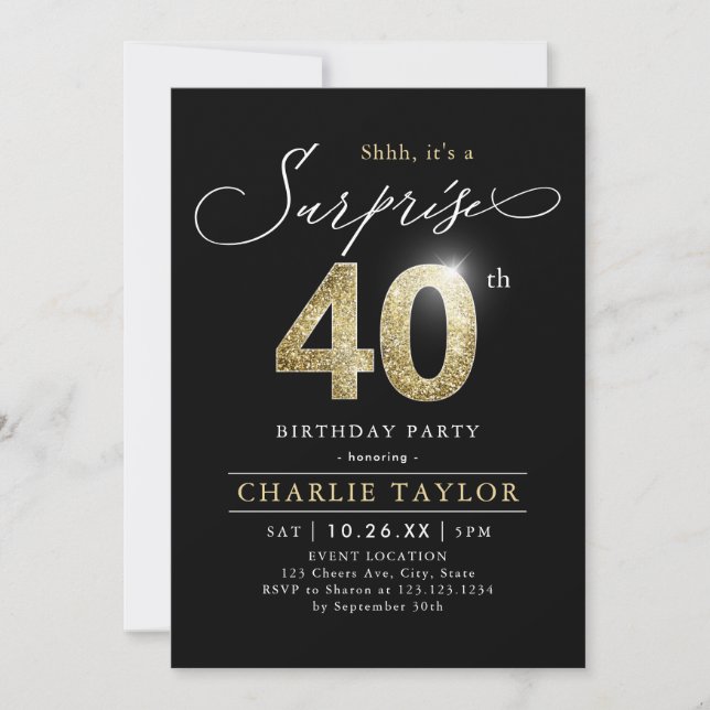 Invitación Sorpresa moderna para adultos negros y dorados 40  (Anverso)