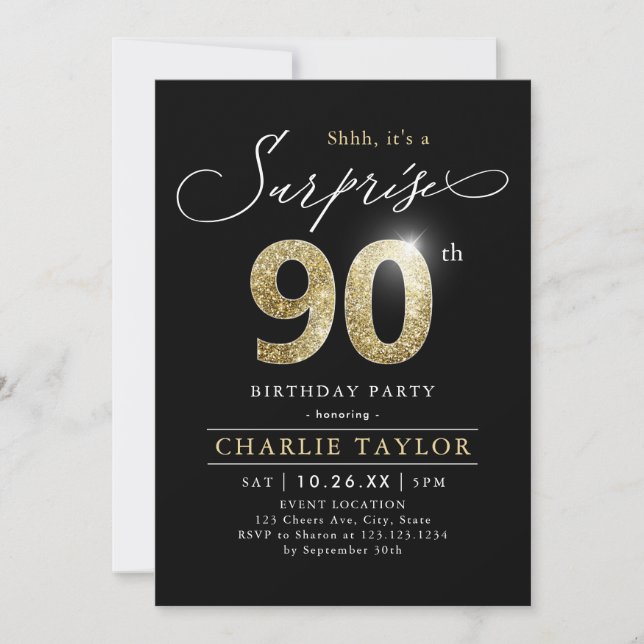 Invitación Sorpresa moderna para adultos negros y dorados 90  (Anverso)
