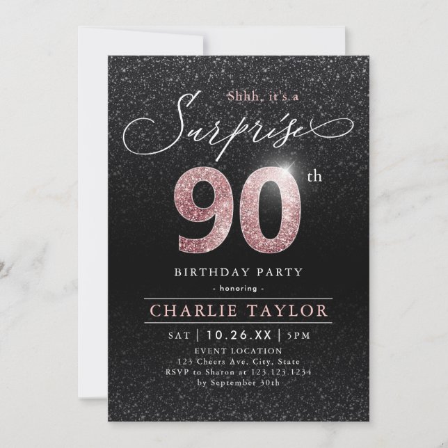 Invitación Sorpresa negra de oro rosa moderno 90 cumpleaños (Anverso)