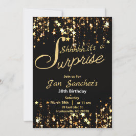Invitación sorpresa negra y dorada con RSVP QR
