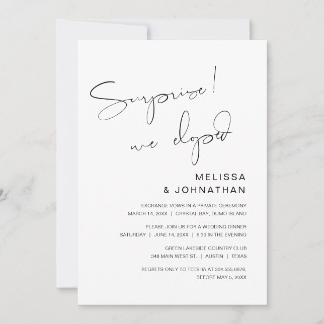 Invitación Sorpresa, nos escapamos, Fiesta de Boda de Elopeme (Anverso)