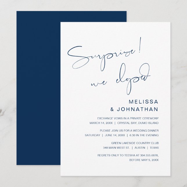 Invitación Sorpresa, nos escapamos, Fiesta de Boda Intima (Anverso / Reverso)