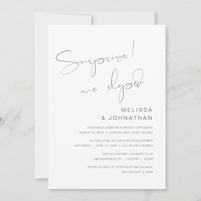 Invitación Sorpresa, nos escapamos, Fiesta de Boda Intima (Anverso)