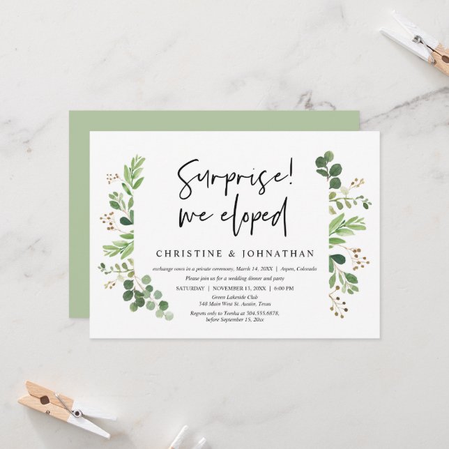 Invitación Sorpresa, nos fugamos, Boda Fiesta Elopement (Anverso/Reverso In Situ)