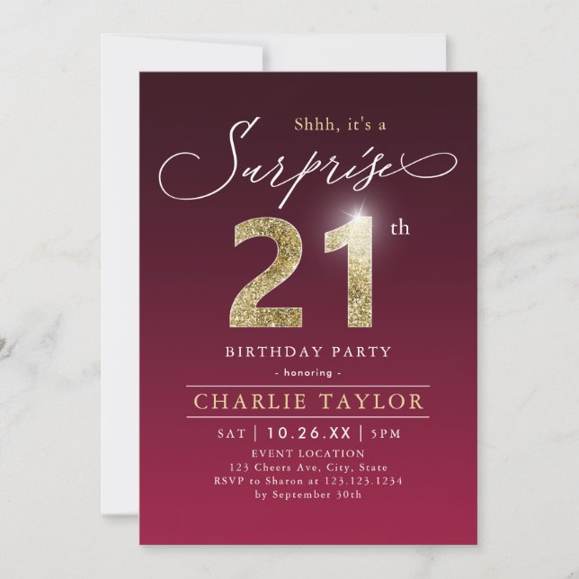 Invitación Sorpresa para adultos de oro burdeos moderno 21 añ (Anverso)