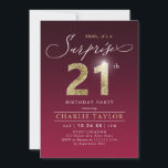 Invitación Sorpresa para adultos de oro burdeos moderno 21 añ<br><div class="desc">Moderno Shhh, es una sorpresa invitación a la fiesta de cumpleaños 21, incluye un guión elegante y un falso purpurina de oro número 21 y detalles de su fiesta sobre el color rojo burdeos del fondo, simple y elegante, gran sorpresa de la invitación de cumpleaños para adultos para hombres y...</div>