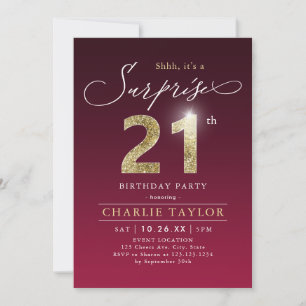 Invitación Sorpresa para adultos de oro burdeos moderno 21 añ
