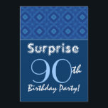 Invitación SORPRESA Patrón 90 de Diamante Azul de cumpleaños<br><div class="desc">Este moderno diseño de los diamantes azules es una manera divertida y elegante de invitar a la gente a una fiesta de cumpleaños SORPRESA de 90 años. Todo el texto es totalmente personalizable. Puede experimentar con diferentes tipos de papel haciendo clic en la pestaña "Opciones de invitación" en la esquina...</div>