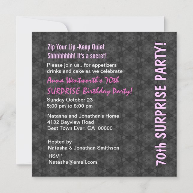 Invitación SORPRESA Patrón retro gris rosa 70 cumpleaños (Anverso)