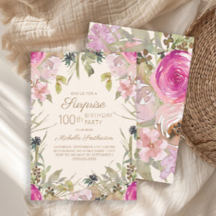 Invitación Sorpresa Pink Purple Floral 100 cumpleaños