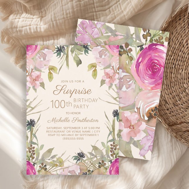 Invitación Sorpresa Pink Purple Floral 100 cumpleaños (Elegant pink watercolor floral and sage green leaves Surprise 100th birthday party invitation)