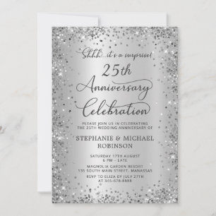 Invitación Sorpresa Plata Purpurina 25 Aniversario de Boda