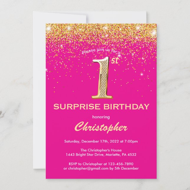 Invitación Sorpresa Primer cumpleaños Purpurina de oro y rosa (Anverso)