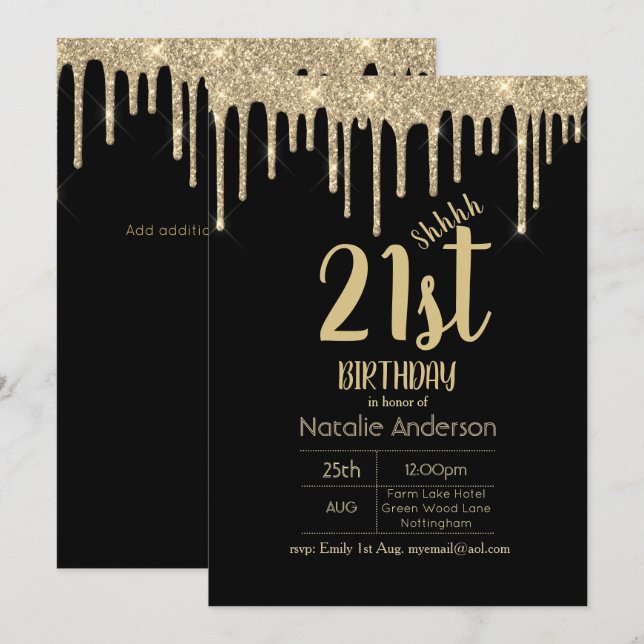 Invitación SORPRESA Purpurina de goteo de oro negro 21 (Anverso / Reverso)