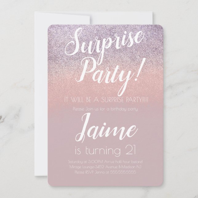 Invitación Sorpresa Purpurina de la fiesta de cumpleaños Pink (Anverso)