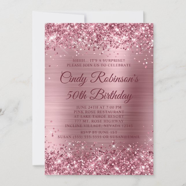 Invitación Sorpresa Purpurinoso de Relieve metalizado rosa me (Anverso)