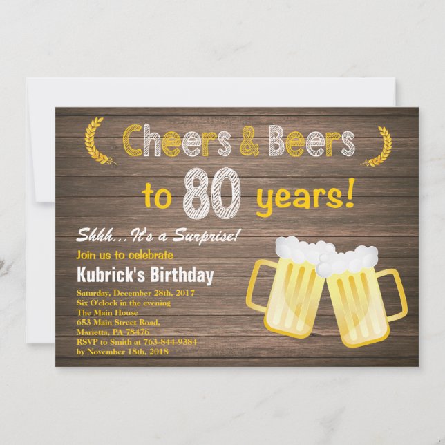 Invitación Sorpresa Rústica Cheers y Cervezas 80 Cumpleaños (Anverso)