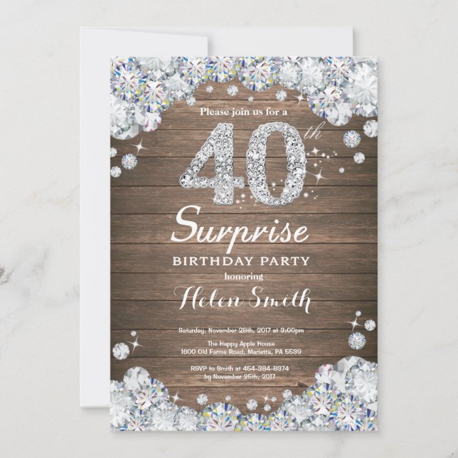 Invitación Sorpresa Rústica Cumpleaños 40 Diamante (Anverso)
