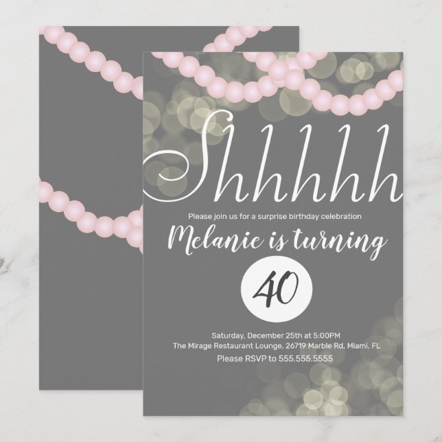 Invitación Sorpresa Shhhhhh Cumpleaños Fiesta Bokeh Perla Ros (Anverso / Reverso)