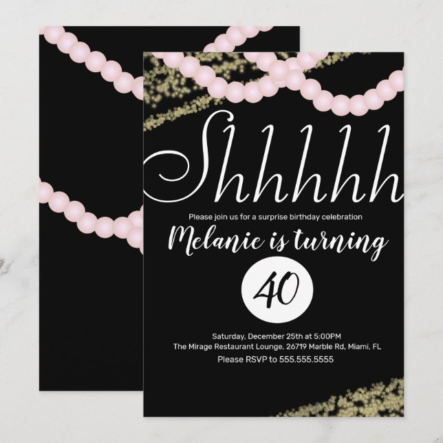 Invitación Sorpresa Shhhhhh Cumpleaños Fiesta Perla Rosa con  (Anverso / Reverso)