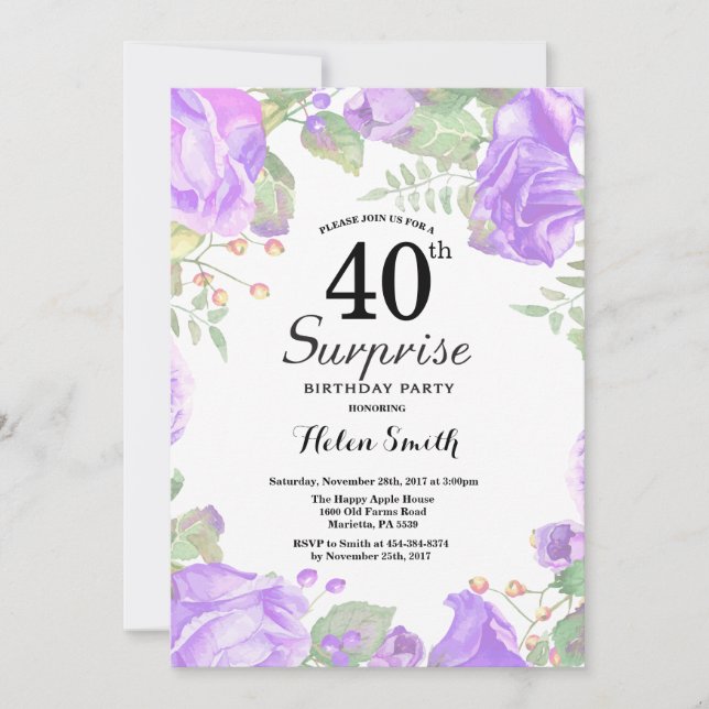 Invitación Sorpresa vegetal púrpura botánica 40 cumpleaños (Anverso)