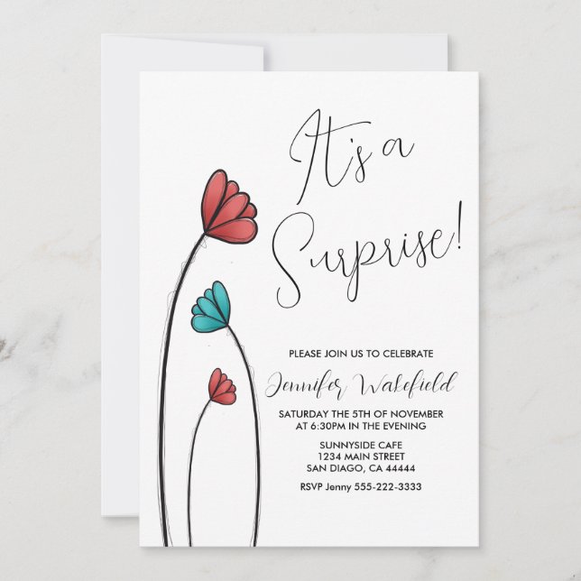 Invitación Sorpresa Verde azulada de la flor roja (Anverso)