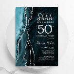 Invitación Sorpresa verde azulada de Silver Agate 50 cumpleañ<br><div class="desc">Verde azulada y plata agate sorpresiva 50 cumpleaños invitación a fiesta. Elegante diseño moderno con una acuarela azul turquesa con fondo geodésico de mármol, purpurina falso plateado y letra de escritura tipográfica. La carta de invitación de moda es perfecta para una elegante celebración del cumpleaños de las mujeres. Invitaciones Zazzle...</div>