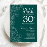 Invitación Sorpresa verde verde azulada 30 cumpleaños<br><div class="desc">Invitación de cumpleaños número 30 de la verde azulada sorpresa verde. El diseño femenino moderno minimalista presenta acentos botánicos y tipografía. Sencilla tarjeta de invitación floral perfecta para una elegante celebración de cumpleaños sorpresa femenina.</div>