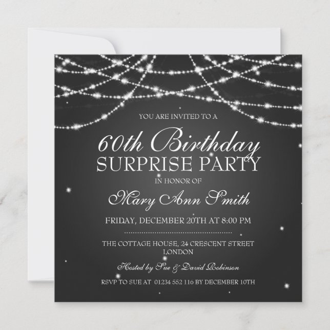 Invitación Sorpresiva cadena de cumpleaños de estrellas negra (Anverso)