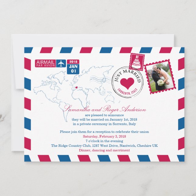 Invitación Sorrento Italia Airmail Post Boda Recepción (Anverso)