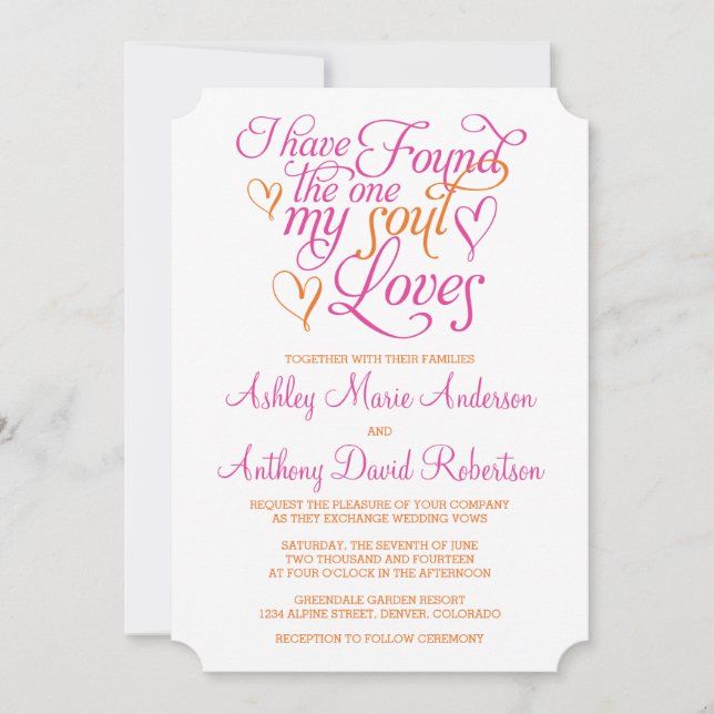 Invitación Soul, Naranja rosado caliente, ama al Boda del cor (Anverso)