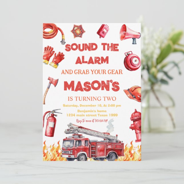 Invitación Sound the alarm Fire truck Firefighter Birthday (Anverso de pie)
