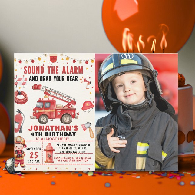 Invitación Sound the Alarm! Firefighter Birthday Boy Photo (Subido por el creador)