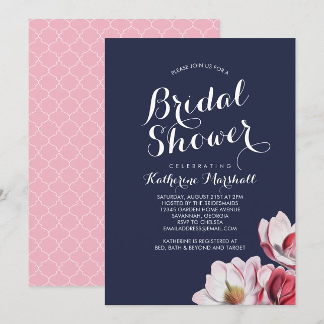 Invitación Southern Magnolia Bridal Shower Midnight Blue (Anverso / Reverso)