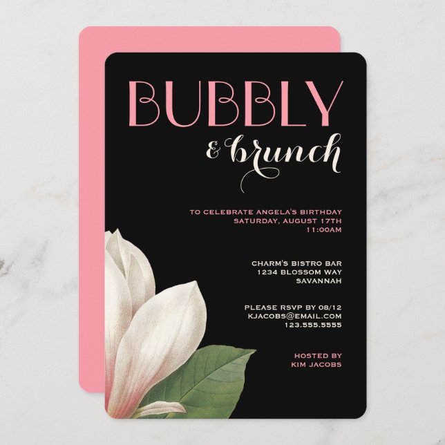 Invitación Southern Magnolia Bubbly Brunch | Marfil negro ros (Anverso / Reverso)