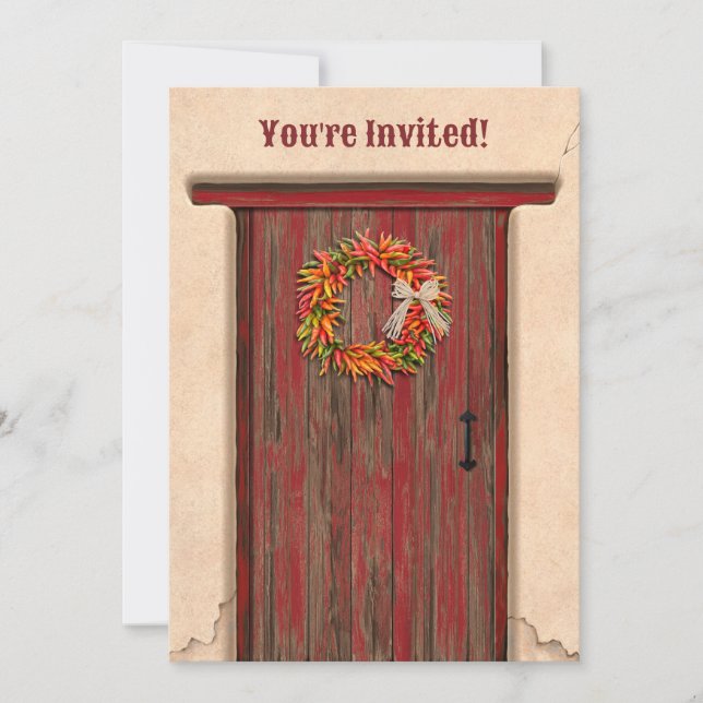 Invitación Southwest Chile Wreath Rustic Red Door Holiday (Anverso)