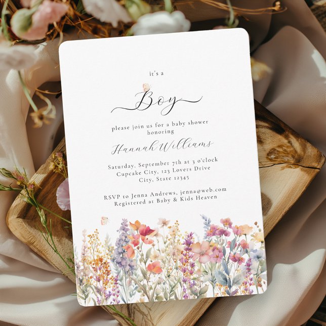 Invitación ¡Soy un chico! Moderna, flor silvestre, Baby Showe (Subido por el creador)