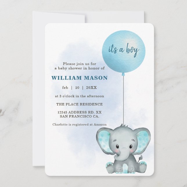 Invitación Soy un niño bebé elefante azul globo Baby Shower (Anverso)